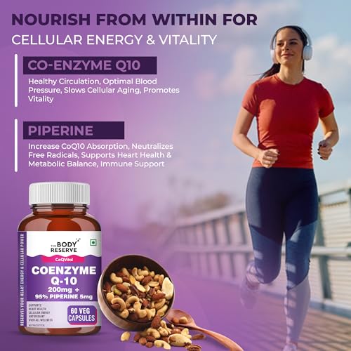 Image of The Body Reserve Coenzyme Q10 200mg with 95% Piperine - High Absorption CoQ10 Supplement for Heart & Vascular Health | Supports Energy Production & Cellular Function | Powerful Antioxidant | 60 Vegetarian Capsules