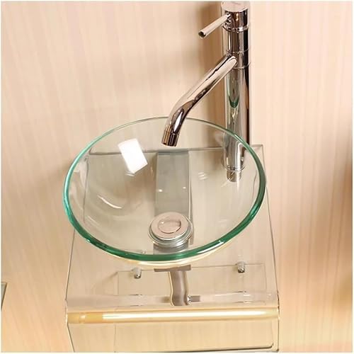 Lavabo De Pared Moderno De Vidrio Templado For Espacios Pequeños, Lavabo Redondo Con Desagüe Automático.(Transparent)
