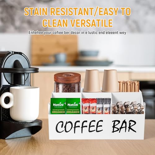 Image of Coffee Station Organizer for Countertop,5Compartments Coffee Bar Accessories and Organizer with handles,Black Coffee and Tea Condiment Organizer,White Coffee Bar Deco