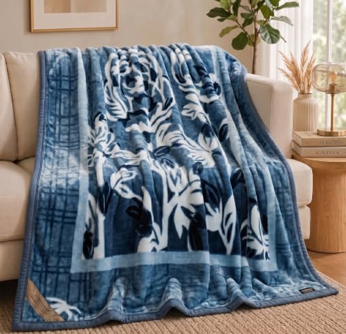 Image of VAS COLLECTIONS 280 GSM Micromink Blanket, 2.5 Kg Premium Soft Warm Cozy Blanket, Plush Floral Printed Blanket for Single Bed, Ultra Soft Comfortable Bedding, 60 x 88 Inches (152 x 220 cm) - Deep Navy