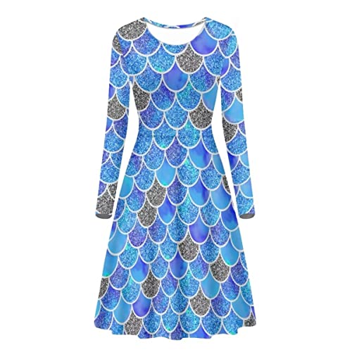 Robe longue de soirée style majestueux Blue Fish Scale taille empire manches longues L