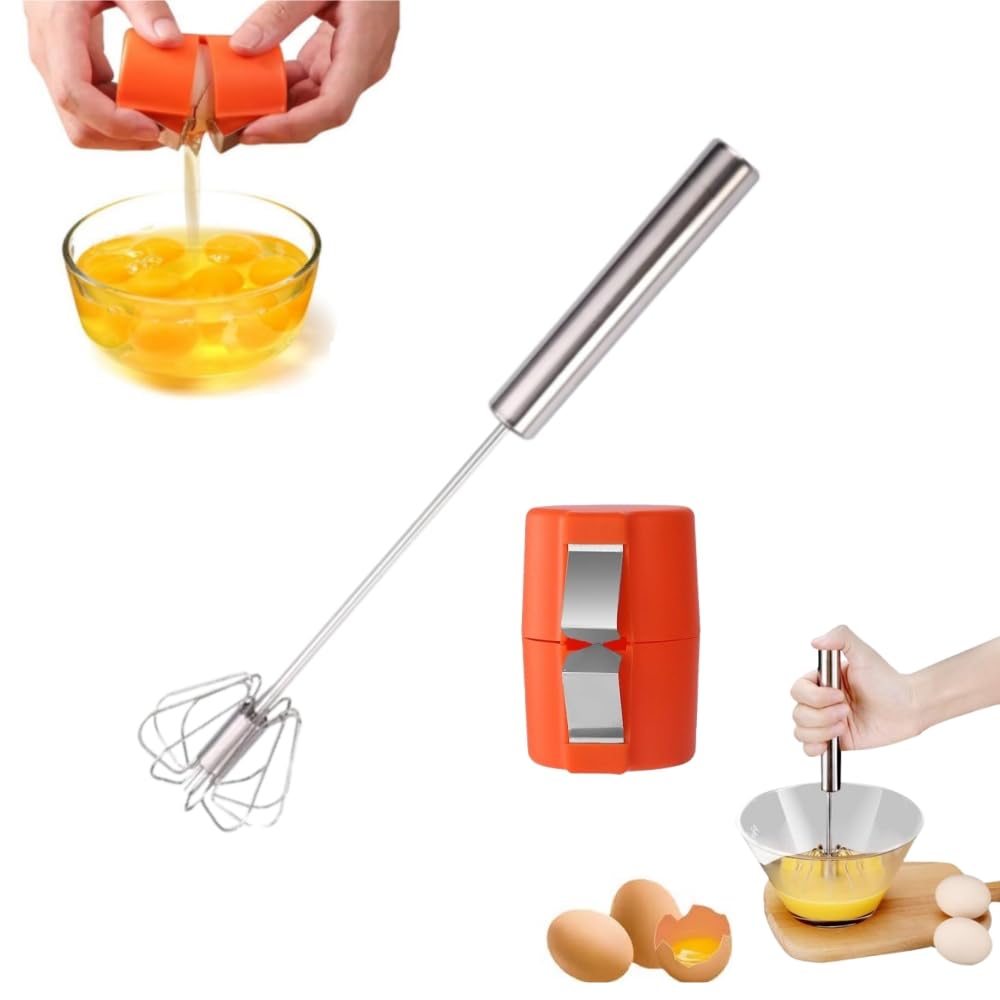 Stainless Steel Egg Whisk with Egg Shell Opener, 2025 NEW Hand Push Whisk Blender, Versatile Milk Frother, Hand Push Mixer Stirrer for Blending, Whisking, Beating & Stirring (Silver, 14 inches)