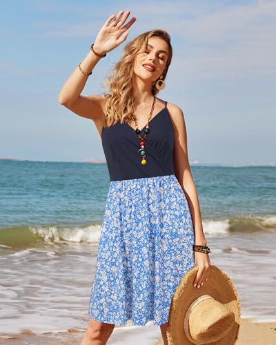 Image of STYLEWORD Womens Sundress Summer Floral Wrap V Neck Backless A-Line Casual Beach Midi Dress