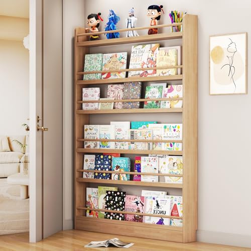 famlycokli Behind The Door Bookshelf, 6-Tier Wooden Bookcases with Open Display Shelves, Behind The Door Storage Organizer for Toys and Books, Space-Saving Wall Mount Narrow Book Shelf