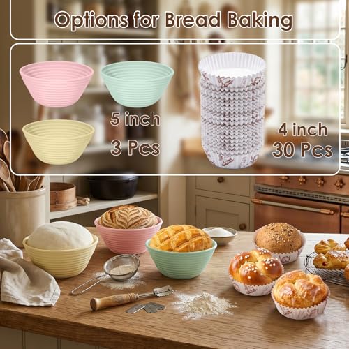 Yiopaun Banneton Bread Proofing Baskets: 3 Pack Silicone Sourdough Starter Kit - 5'' Round Collapsible Non-Stick Dough Bowls with 30 Baking Liners (Green/Yellow/Pink) - image 4
