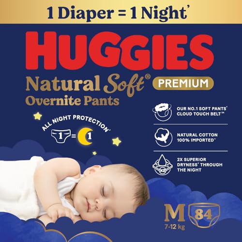 Image of Huggies Natural Soft Overnite Diaper Pants| Premium Pant Style Baby Diapers Medium Size (M Size | 7-12 Kgs), 42 count| Keeps baby dry all night with cloud softness all over (Pack of 2)