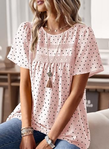 Image of Falechay Womens Summer Tops Crewneck Short Sleeve Shirts Casual Chiffon Blouses Flowy Lace Hem Boho Clothing Trendy 2026