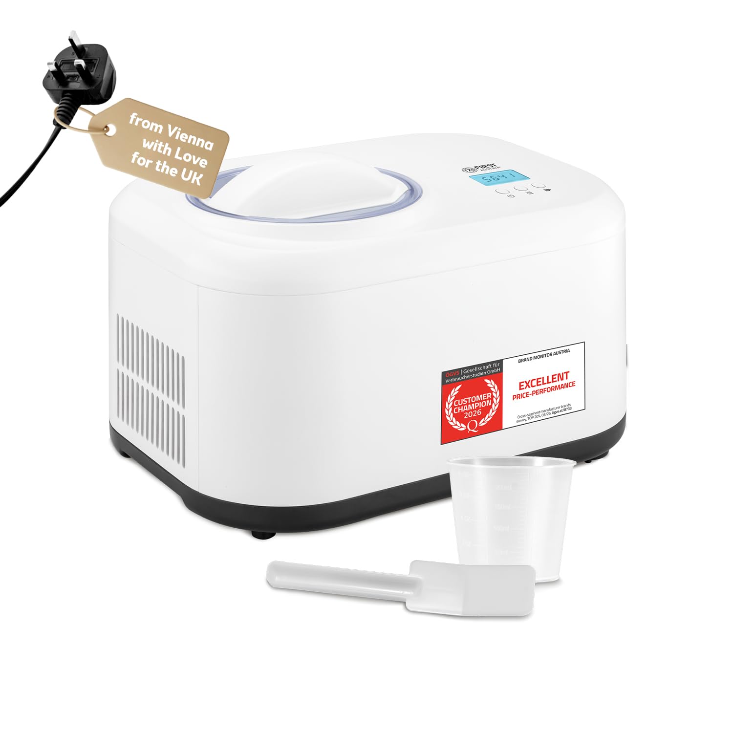 TZS First Austria - Ice Cream Maker 1L with compressor 3 in 1 - Self-cooling Ice Cream Machine 100W power for Frozen Yogurt, Sorbet & Ice Cream - Including recipe booklet, measuring cup & spatula