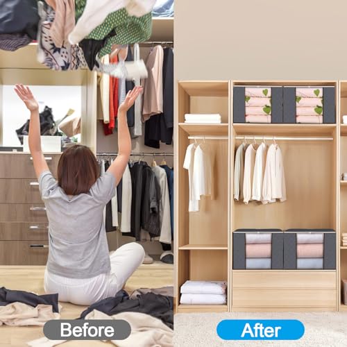 Lot de 6 Sac Rangement Vetement, 90L Caisse rangement Pliable, Conteneurs de Rangement pour Organiser Les Chambres, Armoires, Vêtements, Couettes, avec Couvercle et Poignée, Gris – Image 5