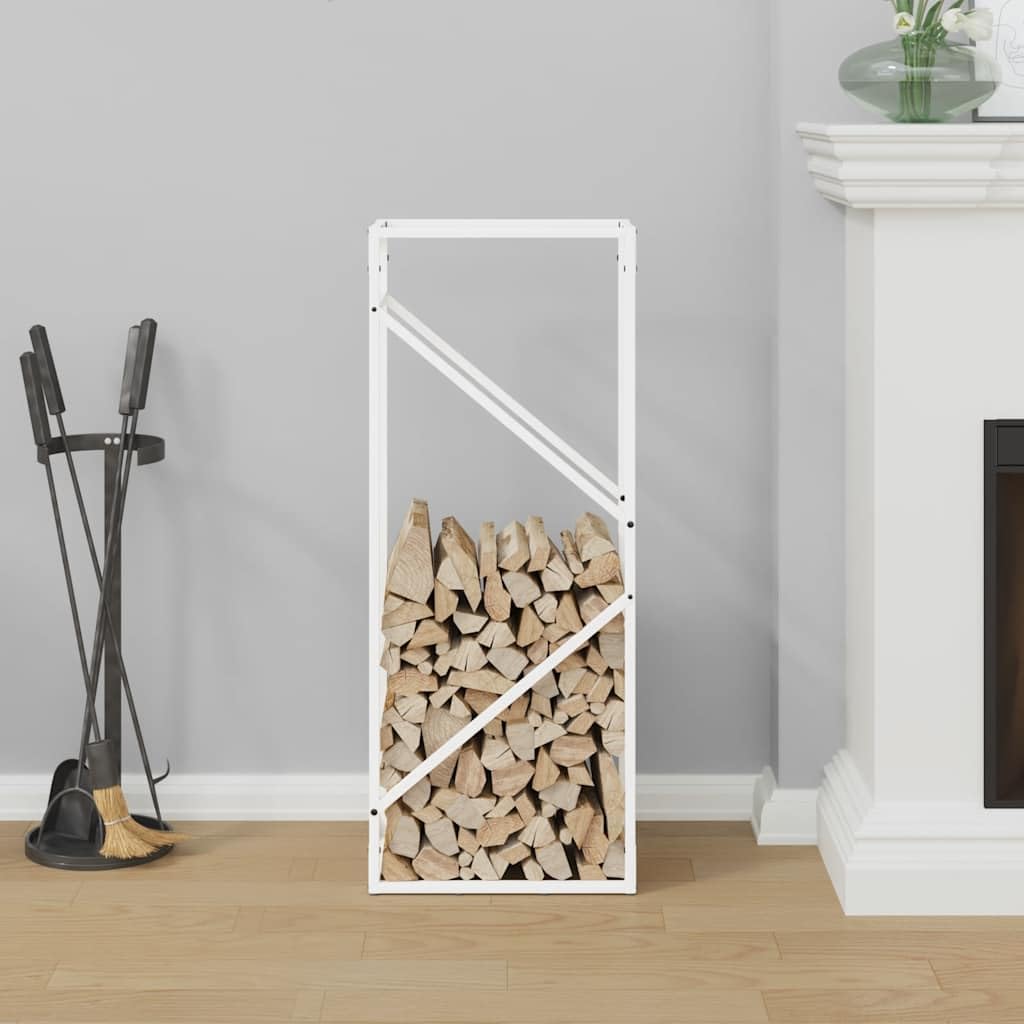 Estantería para leña blanca de acero laminado en frío, 40 x 25 x 100 cm, soporte para leña para interior y exterior, con gran capacidad de carga y diseño práctico para salón o terraza