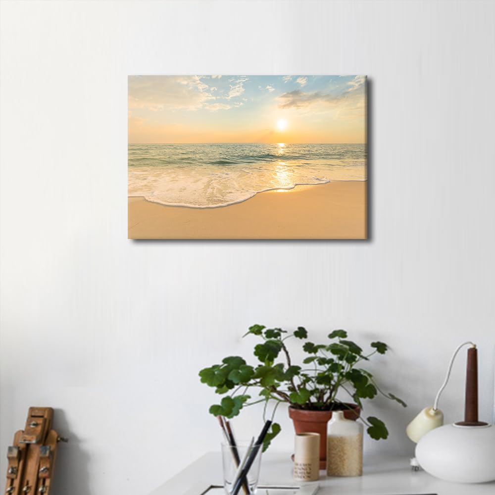 Soft Sea Waves And Bubbles on the Beach With Sunset Sky Background Nature Seascape Picture Artwork Framed Ready to Hang for Home Office Bedroom Living Room Bathroom Kitchen Wall Decor (12"Wx18"H) - Image 3
