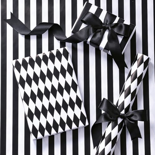RUSPEPA Reversible Wrapping Paper Roll Mini Roll Black and White Stripes and Diamond Pattern Gift Wrap for Birthday Wedding Graduation Christmas Fathers Day New Year 17 Inches x 16.4 Feet