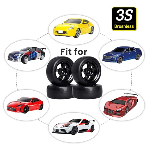 Hobbyfire Pre-Glued OD 2.56\" 12mm Hex Wheels Rims and Rubber Tires for Traxxas Tamiya HPI HSP Redcat RC 1/10 On Road Racing Car, Set of 4 (Color G)