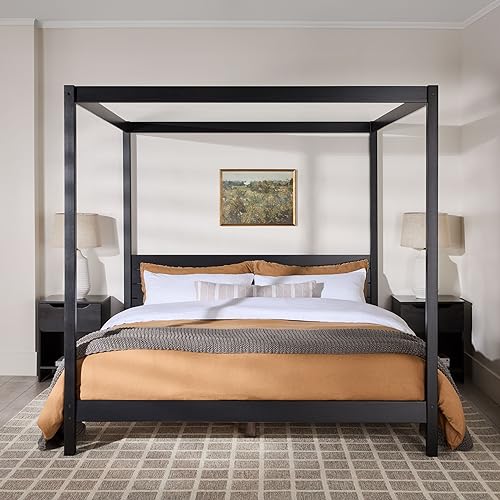 Walker Edison King Minimalist Slatted Headboard Canopy Bedframe, King Size, Black