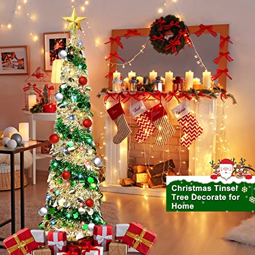5 Ft Pencil Christmas Tree With Lights Timer Balls Ornaments 50 Multi- Color Led 3D Star Sequins Tinsel Full Christmas Tree Decorations Home Indoor Outdoor Holiday Room Xmas Decor(Gold Green) #TOP4