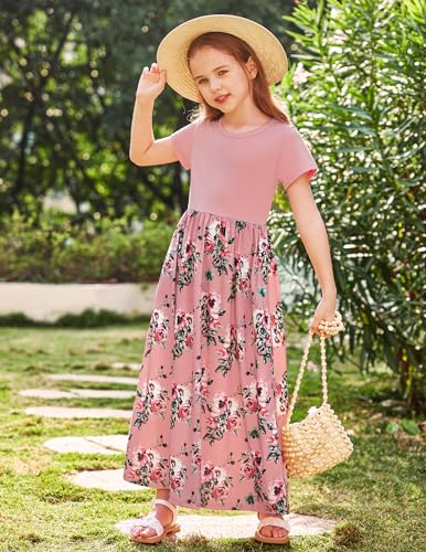 Image of Arshiner Girls Maxi Dress Long /Short Sleeve Casual Holiday Dress with Pockets for 5-13 Years