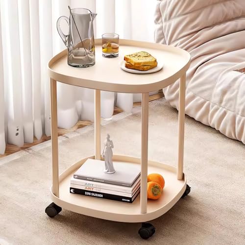 Modern Mobile Side Table with Wheels, 2-Tier Round Coffee Table, 38.5x38.5x48cm, Rolling Cart for Living Room A376 (Beige)