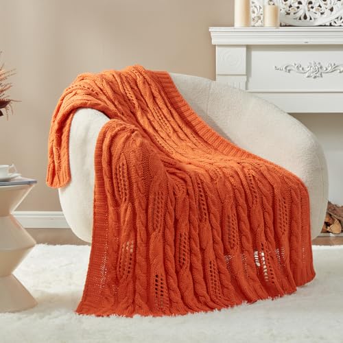 Amélie Home Orange Spring Throw Blanket Decorative Hollow Cable Knit Throw Blanket Soft Cozy Lightweight Farmhouse Throw Blankets for Couch Sofa Bedroom 50 x 60