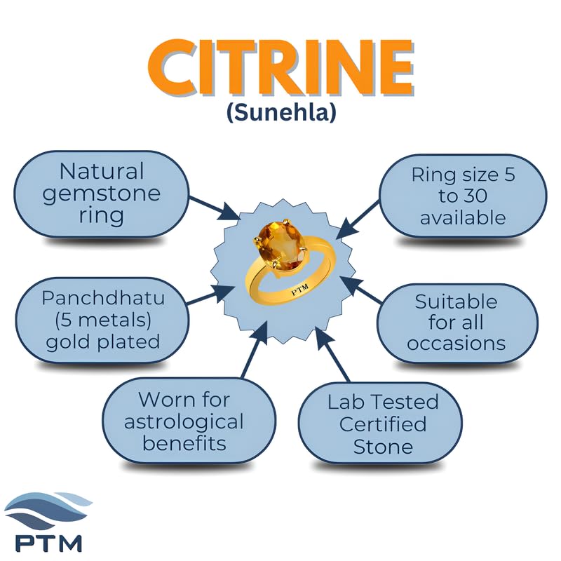 Image of PTM Panchdhatu (5 Metals) Sunehla (Citrine) 3.25 Ratti or 3 Cts to 10.25 Ratti or 9.35 Cts Astrological Gemstone 22 K Gold Plated Ring for Men & Women