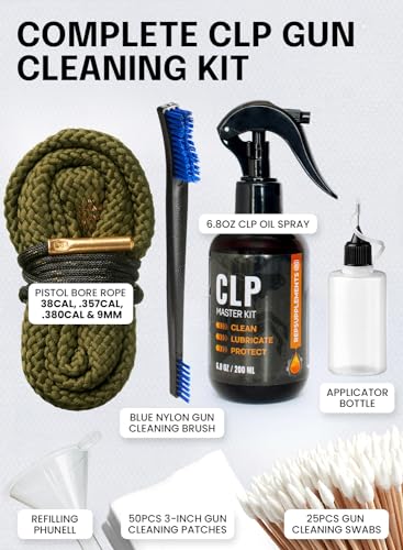 Clp Gun Cleaning Oil Kit with 9mm, 380, 357 Gun Cleaning Snake 3-in-1 Cleans, Lubes, Protects - 6.8 Oz Spray Clp Gun Cleaner and Lubricant, Needle Oiler, Cleaning Patches, Cleaning Swabs, Brush