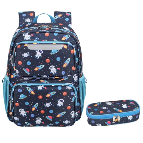Kids Backpack with Pencil Case - 15 Inch Backpack for Boys 3 to 8, Lightweight Bookbag for Preschool Kindergarten Elementary School, Insulated Pocket, Navy Space