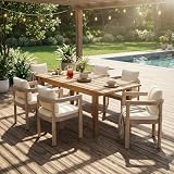 Hassyee 7 Pieces Acacia Wood Outdoor Dining Set with Cream Cushions for Backyard, Poolside, Patio Furniture Set with Large Table and Sturdy Wood Frame for Lawn, Garden, Dining Room
