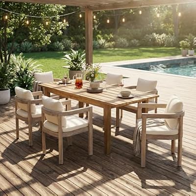 Hassyee 7 Pieces Acacia Wood Outdoor Dining Set with Cream Cushions for Backyard, Poolside, Patio Furniture Set with Large Table and Sturdy Wood Frame for Lawn, Garden, Dining Room