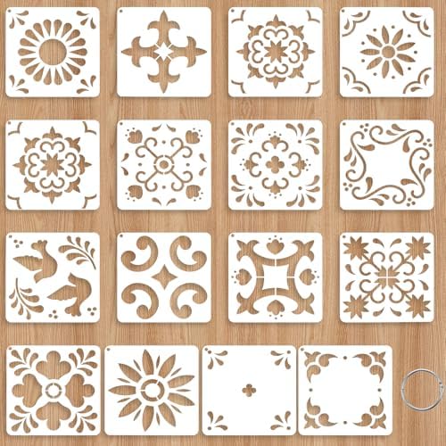 Yuanchu 16 Pack Tile Stencil Set (6X6 Inch), Reusable Spanish Mex...