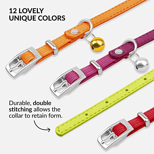 Image of CollarDirect Leather Cat Collar, Animal Collar with Elastic Safety Strap and Bell for Boy, Girl, Kitten (Neck Fit 6 inch-7 inch, Lime Green)
