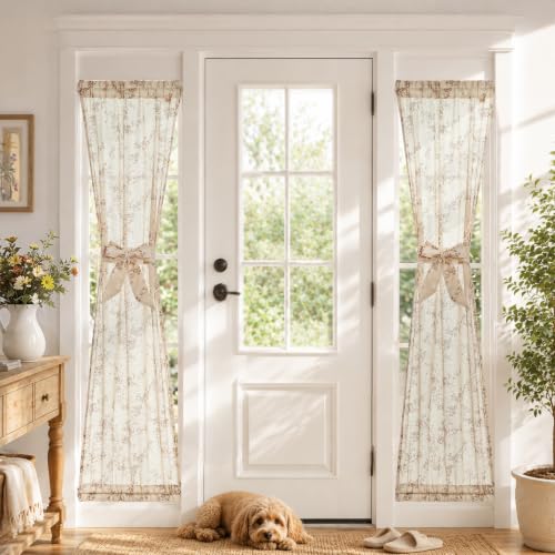 Image of jinchan Taupe Linen Floral French Door Curtains 72 Inch Rod Pocket 2 Panels