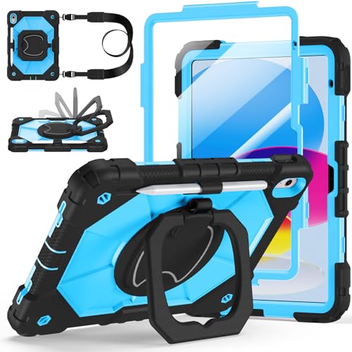 Image of Case for iPad A16 11th /10th Generation 11 inch /10.9 inch 2025 /2022, Ubearkk for iPad a16 case with Screen Protector, 360 Degree Rotating Stand Shoulder Strap Pencil Holder, Black Blue