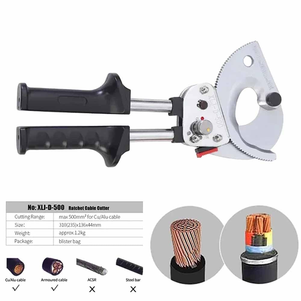 XLJ-D-500 przecinak do kabli z grzechotką, odpowiednie kable miedziane/aluminiowe 500 mm², ręczne narzędzie tnące, chowany uchwyt