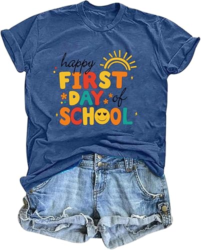 First Day of School Shirts Teacher Shirt Elementary T-Shirt Back to School Tee Cute Learning Graphic Casual Summer Tops Blue