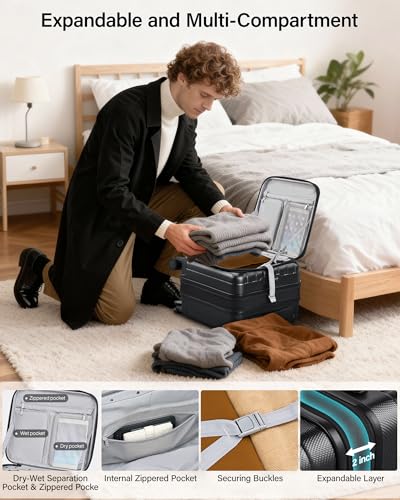 Image of Hanke 45cm Expandable Mini Cabin Trolley Bags, Hard Shell Polycarbonate Top Opening Suitcase, 8 Silent Spinner Wheels, Lightweight Carry On Luggage for Daily Commute & Short Travel,Jet Black