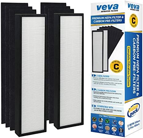 Veva 2 HEPA Air Filters & 6 Carbon Pre-Filters Replacement Filter C Compatible with Germguardian FLT5000/FLT5111 FLT5250PT, AC5000, AC5000E, AC5250PT, AC5350B, AC5350BCA, AC5350W, AC5300B