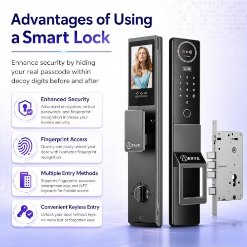 Image of AERYS Smart Digital Waterproof Door Lock | 8-in-1 Access with Face ID, Palm, Fingerprint, PIN, RFID, OTP, Key & App | Remote Unlock | Video Live Monitoring | Five Cylinder Security (3 Years Warranty)