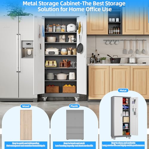 Image of Aobabo Upgrade 71H''*32''W*16''D Metal Garage Storage Cabinet with Wheels and Pegboards, 5 Adjustable Shelves Steel Storage Cabinets for Home,Warehouse,Garage,Assembly Required,Grey and White