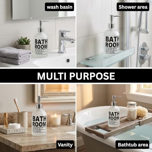 Image of Luxe Home International Bathroom Sweet Home Print Glass Soap Dispenser for Bathroom and Kitchen Sink Leak Proof Liquid Hand Wash Round Bottle Lightweight Smooth Finish (19.5x7.5 cm White) Pack of 1