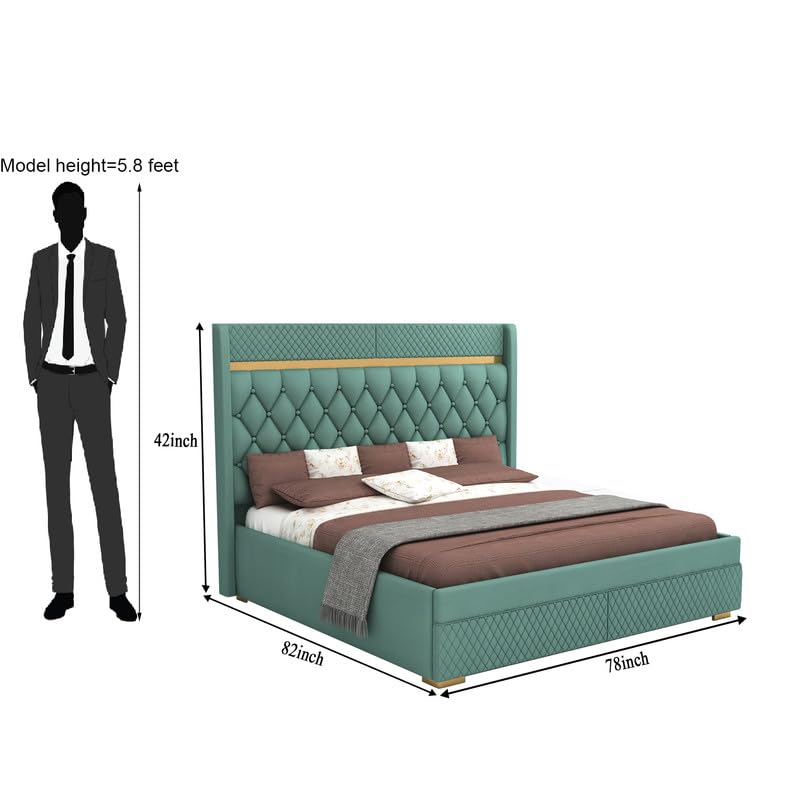 Image of MAMTA DECORATION Solid Wood King Size Bed with Box Storage | Premium Velvet Upholstered Tufted Headboard Palang Cot Bed | Modern Wooden Double Bed for Bedroom, Home, Hotel & Guest Room | Greendust