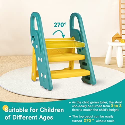 Onasti Foldable Toddler Step Stop For Bathroom Sink, Adjustable 3 Step Stool For Kids Toilet Potty Training Stool With Handles, Child Kitchen Counter Stool Helper, Plastic Ladder For Toddlers Green #TOP1