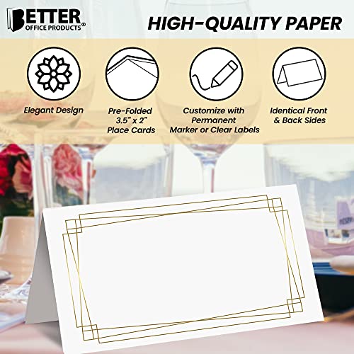 100 Pack Place Cards, 2 X 3.5 In, White With Modern Metallic Gold Geometric Border, Folded Table Tent Cards For Weddings, Dinner Parties, Buffet Banquets, By Better Office Products (100 Count) #TOP2