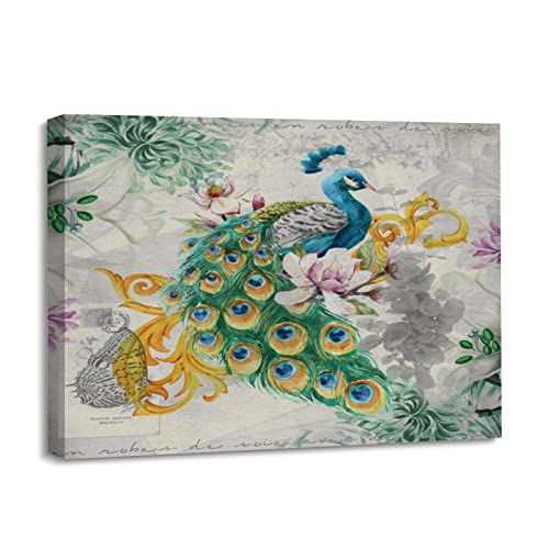 Arte de pared de pavo real moderno y cuadro floral decorativo enmarcado de 12 x 16