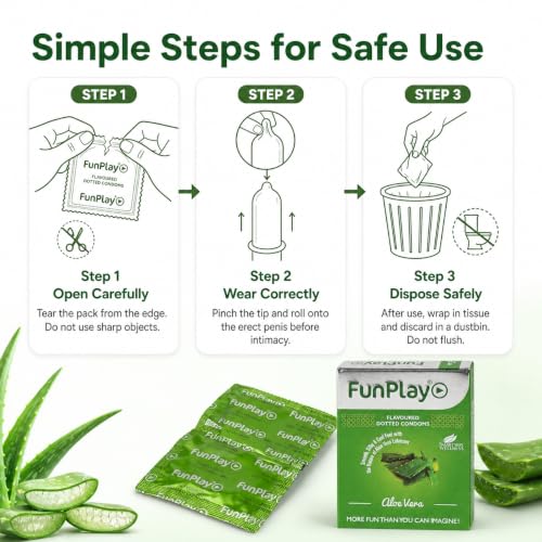 Image of FunPlay Aloe Vera Flavoured Dotted Condoms - 3 Pcs | Premium Latex for Men | Smooth Lubricated & Comfortable Fit | Soothing Aloe Vera Infused for Gentle Intimacy