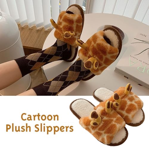Jfxgjuv Giraffe Slippers for Women Men, Cute Fluffy Giraffe Print Fuzzy Animal Slippers Warm Cozy Plush Comfy Non-Slip House Shoes2