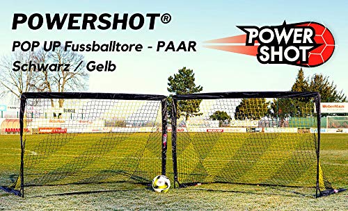 POWERSHOT Fußballtor Pop up - 2 Größen und 3 Farben zur Auswahl - 2er Set - faltbares Garten Fußballtor für Kinder (Schwarz/Gelb, 180 x 120cm) - Neu: Mit einem kleinen Ballon und Einer kleinen Pumpe! Cover