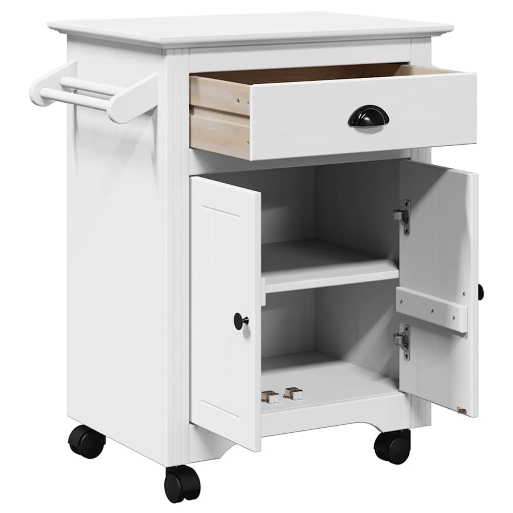 Carrello da cucina BODO bianco in legno di pino massiccio, 72 x 45 x 80 cm, con cassetto, ruote, spazio e maniglie in metallo per cucina, carrello da servizio, carrello d'appoggio, organizer