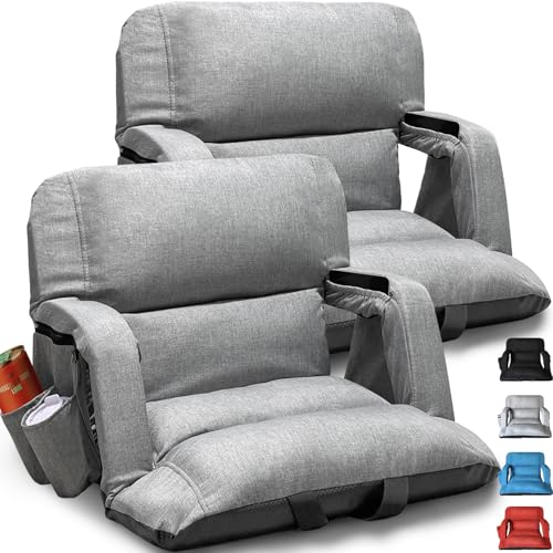 Wide Stadium Seats With Back Support 2 Pack, Exclusive 'Sofa Style' Design Extra Thick Bleacher Chairs With Back and Cushion, 6 Reclining Positions - Ultimate Comfort for Sports Events (Grey, 22.5')