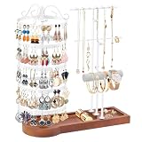 KALYLOC Jewelry Earring Holder Organizer, Adjustable 5 Tiers Rotating Earring Holder 3 Tier Necklace Holder with Wooden Base, Multi-Functional Jewelry Organizer Display Stand for Studs Bracelet Women