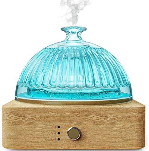 Glass Dome Essential Oil Diffuser with Glass Reservoir & Wood Base-Plastic Free, 200ml Ultrasonic Glass Diffuser for Aromatherapy with Timer 7 Color Light Auto-Off for Gift Home Office Yoga Pilates
