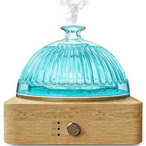 Glass Dome Essential Oil Diffuser With Glass Reservoir & Wood Base-Plastic Free, 200Ml Ultrasonic Glass Diffuser For Aromatherapy With Timer 7 Color Light Auto-Off For Gift Home Office Yoga Pilates #TOP17